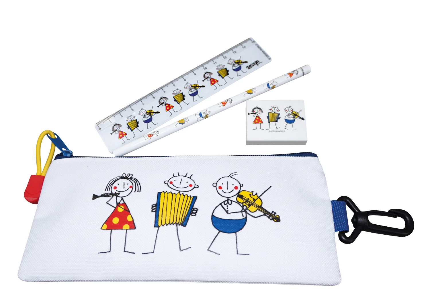 Discover our "Little Phils de luxe pencil case" in radiant white featuring the charming Little Phils mascot. This exclusive version includes a pencil, an eraser, and a ruler, all lovingly decorated with the Little Philharmonics mascots. The charming design makes this pencil case not only a practical writing tool but also a stylish accessory. The practical snap hook allows you to easily attach the pencil case to bags or backpacks, so it is always within reach on the go. Perfect for school, work, or travel, this pencil case offers both functionality and a cute touch. Treat yourself to the "Little Phils de luxe pencil case" and enhance your stationery with a touch of style and cuteness!